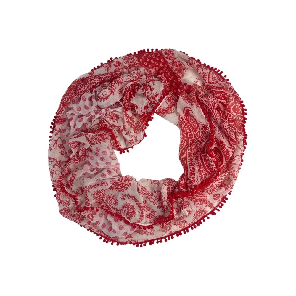 Studio S Red White Paisley Pom Pom Infinity Scarf Boho Resort Garden Party‎ OS